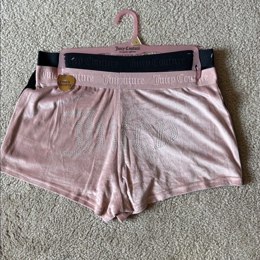 Juicy Couture 2 pr. Black & Mauve Velour Shorts with Rhinestone Logo Large NWT